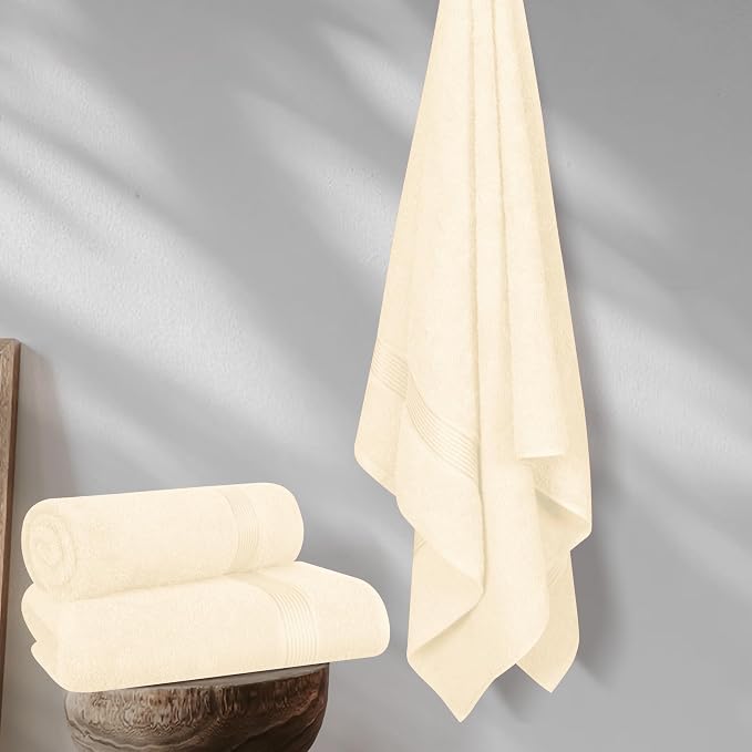 Belizzi Home Cotton 2 Pack Oversized Bath Towel Set 28x55 inches, Large Bath Towels, Ultra Absorbant Compact Quickdry & Lightweight Towel, Ideal for Gym Travel Camp Pool - Ivory