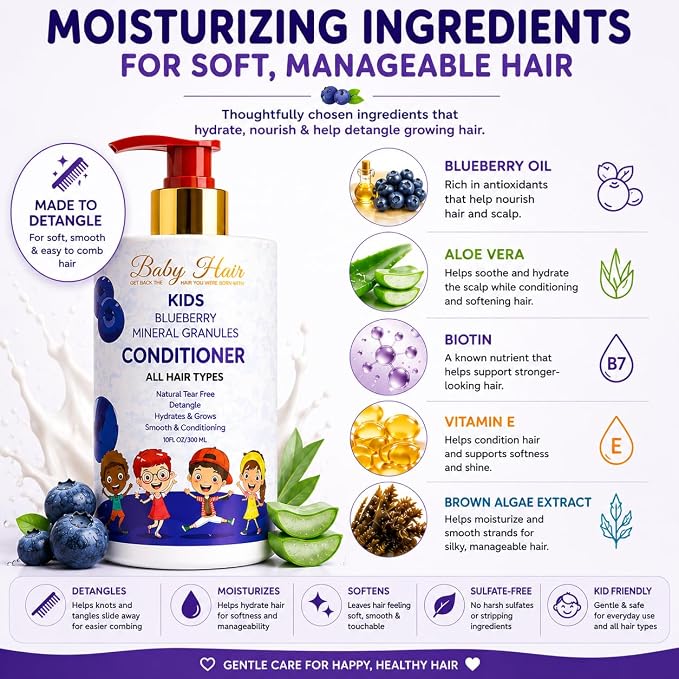 BABY HAIR - Blueberry Mineral Kids Hair Conditioner, Sulfate-Free Toddler Hair Conditioner, Hair Conditioner for Kids with Blueberry & Strawberry Oil, Aloe Vera, and Biotin, 10 fl.oz