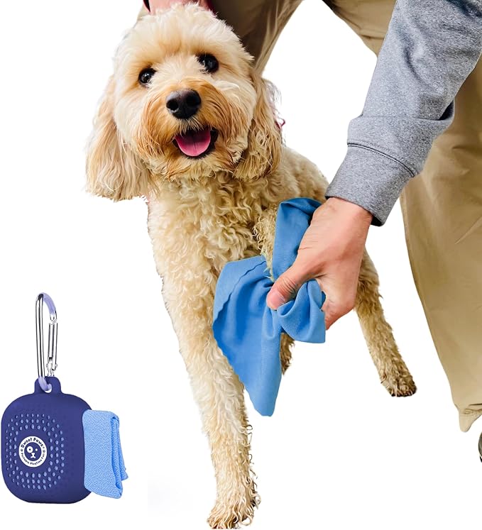 Portable Dog Paw Towel, Lightweight & Super Absorbent Microfiber, Clips onto Leash, Quick Drying Towel for Dogs Paws with Silicone Case, Dry Dog’s Paws on The Go - Small - Newport Navy