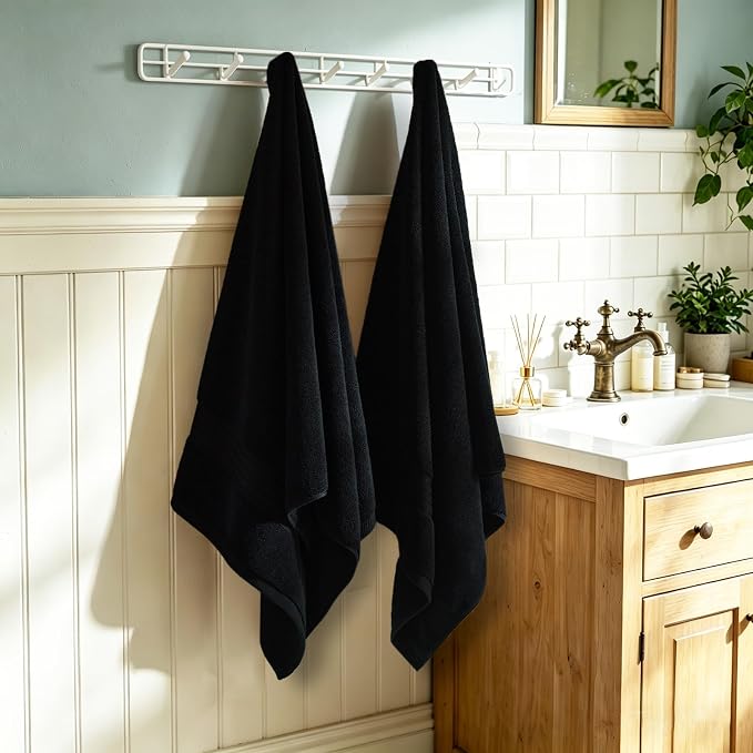 COZYART Luxury Bath Towels 4 PCS, 27x54 650 GSM Turkish Cotton, Black | Zero Twist 100% Ring Spun Cotton, Fluffy, Ultra Soft, Super Absorbent, Quick Dry, Large Towels for Hotel Spa Bathroom Shower