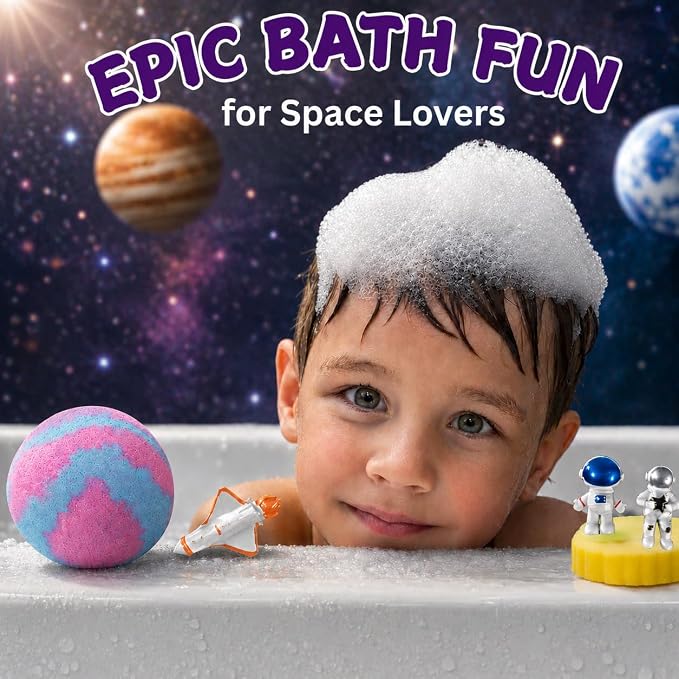 EvolutionUSA 1 Space Bath Bomb for Boys & Girls - Planet Bath Ball with Toy Hidden Inside, Organic Hypoallerganic Space Childrens Bathbomb, Cosmic Fun Bath Bomb Gift Set Birthday, Christmas, Easter