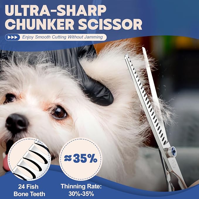 Moontay Professional Dog Grooming Straight, Curved, Thinning/Blending/Chunking Scissors Kit, JP-440C Stainless Steel Pet Cat Hair Cutting/Trimming Shears, Silver (7.5" (24-Tooth))