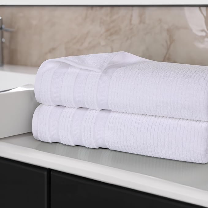 Superior Cotton Bath Sheet Set, Zero Twist, Ribbed Geometric, Oversized Large Absorbent Body Towels, Luxury Soft Quick Dry, Shower, Spa, Hotel, Pool, Guest Bathroom, Home Essentials, Set of 2, White