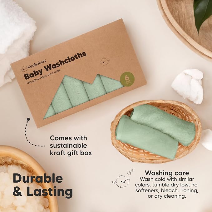 6-Pack Baby Washcloths, Soft Absorbent Washcloths for Face, Body (Pistachio) | Viscose from Bamboo Washcloths, Baby Towels, Newborn, Kids, Toddlers, Infant, Gentle on Sensitive Skin, 10x10, Reusable