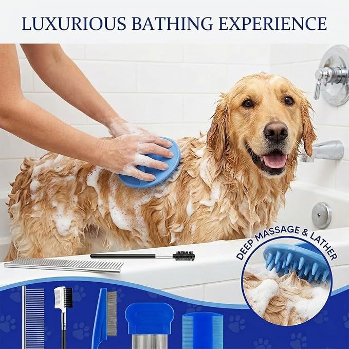 7 Pack Pet Flea Comb & Grooming Set for Dogs Cats, Stainless Steel Lice Combs with Rounded Teeth Tear Stain Remover & Silicone Bath Massage Brush Tick Removal Tool for Small Pets