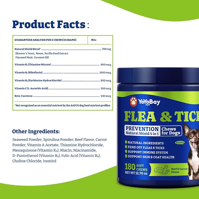 Flea & Tick Prevention for Dogs Chewables, YoYoBay Natural Dog Fleas and Ticks Control Supplement, Dogs Supplement, Natural Shield 5-in-1 Protection, Beef & Carrot Flavor, 180 Soft Chews *2 Pack