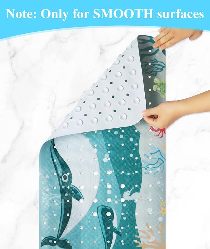 Secopad Bath Mat for Tub Non Slip, Machine Washable Anti-Slip Cartoon Baby Bathtub Shower Mat with Drain Holes and Suction Cups for Toddler & Kids, 40 Inch x 16 Inch, Whales
