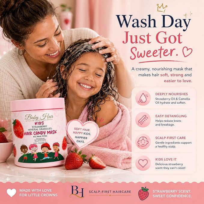 BABY HAIR Kids Strawberry Mineral Hair Candy Mask | Deep Conditioning Hair Mask for Kids | Moisturizes, Softens & Helps Detangle | Sulfate Free | 10 fl oz