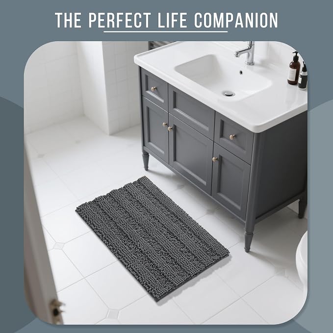 Yimobra Bathroom Rug Mat 32 x 20, Non Slip and Super Absorbent Bath Mat,Machine Washable Quick Dry,Ultra Plush Chenille Shower Rugs for Bathroom Floor Sink Tub and Shower Outside,Dark Gray