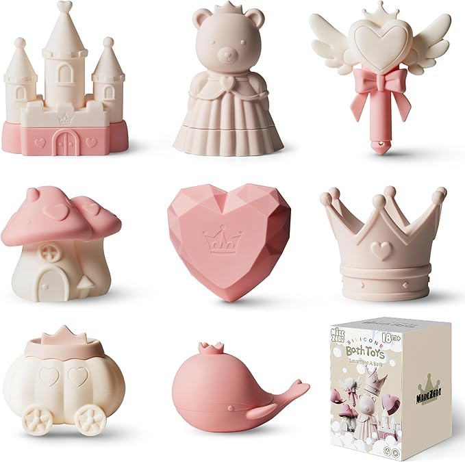 MarcZero Princess Silicone Bath Toys 8Pcs for Toddlers Kids Babies,Bathtub Water Toys,Soft Squeezable Easy-Grip Pool Toys Set (Pink)