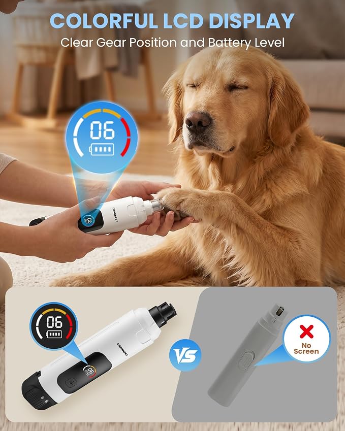 Dog Nail Grinder with New LCD Display,25dB Quiet 6-Speed Dog Nail Trimmer Avoid Anxiety,1.5H Fast Charge,2 LED Safe Lights,50% More Power - Painless Pets Nails Grinding -Snow White