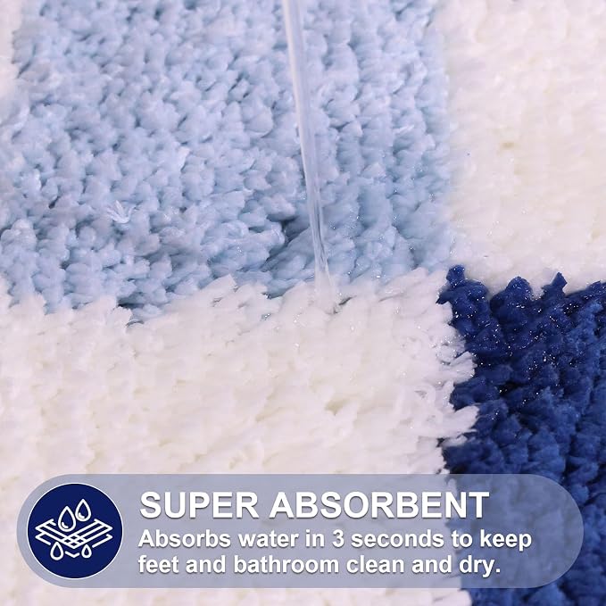ORTIGIA Cute Blue Checkered Scalloped Bath Mat, Fun Plush Microfiber Bathroom Rugs Non Slip Washable Quick Dry Absorbent, Bath Rug Carpet for Shower Stall Vanities Kitchen Floor Entrance, 20x32