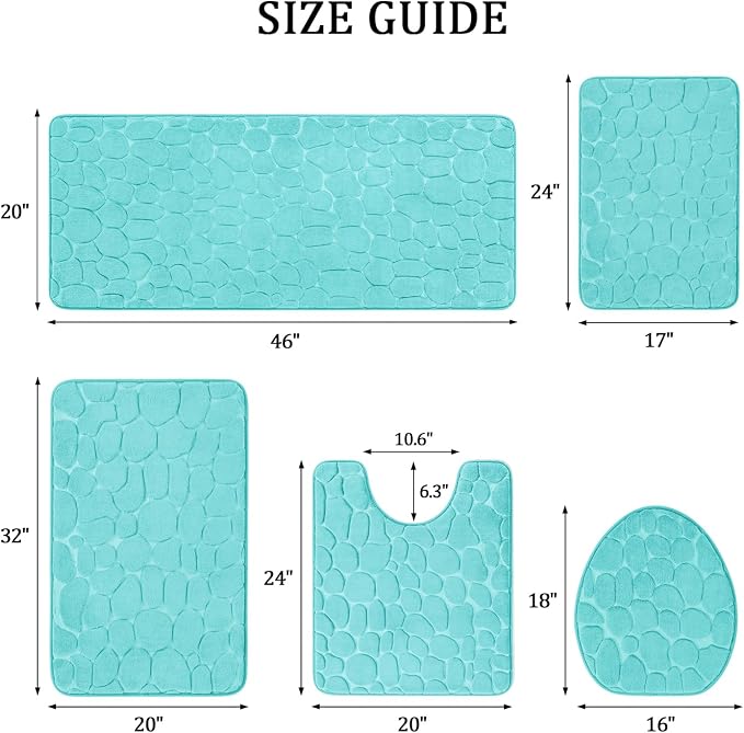 YIHOUSE Bathroom Rugs Mat Set, Memory Foam Bath Mat 5 Piece Teal | Non Slip, Water Absorbent, Washable, Bath Mat For Bathroom, Sink and Toilet