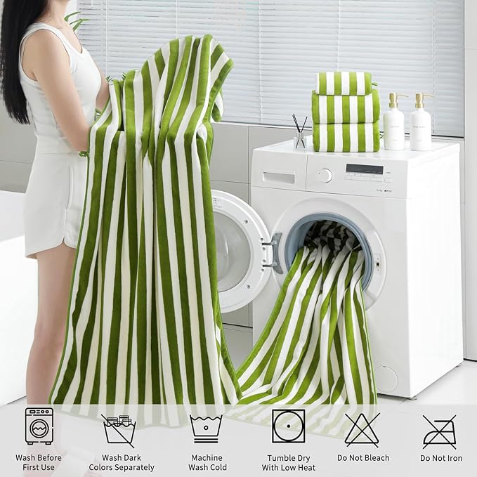18 Pcs Green Stripe Bath Towel Set with Hanging Loop-6 Bath Towels,6 Hand Towels,6 Washcloths Soft Family Towels Set Bathroom Towel Highly Absorbent Quick Dry Shower Towel for Beach Spa Gym Hotel