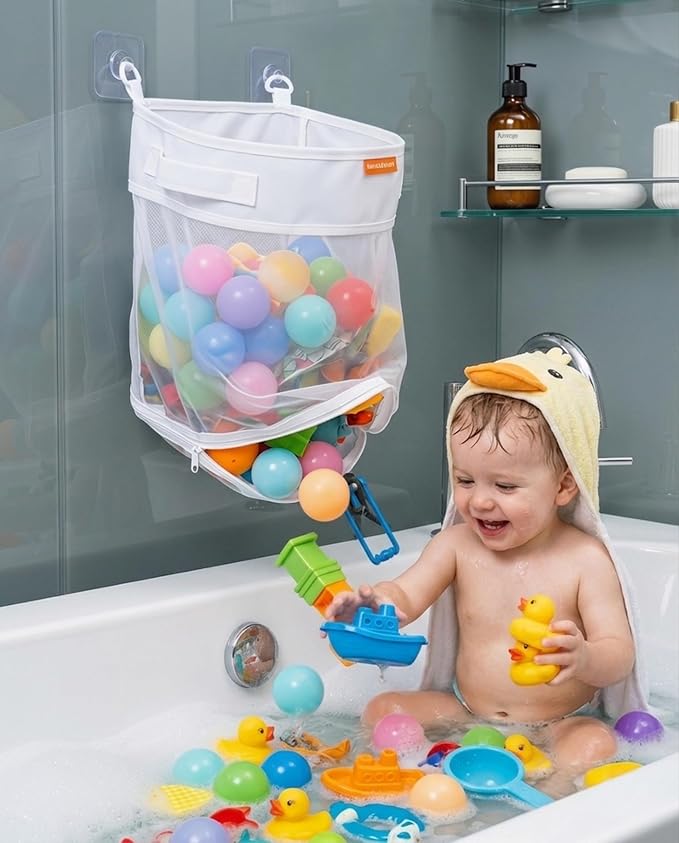 Bath Toy Organizer with Quick Release Zipper, Large Mesh Baby Bath Toy Storage Bag, Wall-Mounted Foldable Bathroom Organizer for Bathtub Toys, Fast Drying Holder with Adhesive Hooks