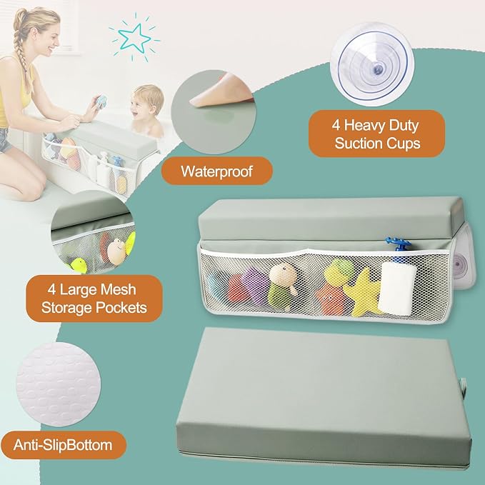 Baby Waterproof Vegan Leather Bath Kneeler and Elbow Rest Pad Set | Thickened Non-Slip Memory Foam Knee & Arm Support Bathtub Mat with Toy Organizer for Infant Toddler Bathing