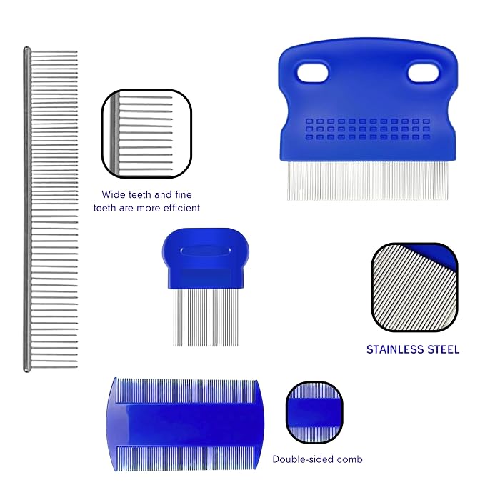 Evollax Flea Lice Comb – 6 Pack Flea Comb for Cats Dogs Remove Fleas Lice Eggs Stainless Steel Cat Dog Grooming Comb | Tear Stain Remover Dog Eye Comb | Dematting Comb for Dogs Ideal for all pet Size