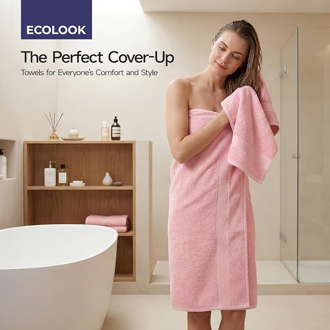 ecolook 2 Pack 100% Cotton Bath Towels, 28 x 55 Inches, Soft | Lightweight, Highly Absorbent & Quick Dry Body Towels for Bathroom, Shower, Gym & Daily Use, Pink