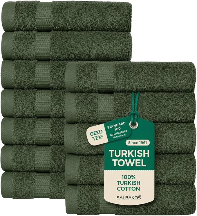 SALBAKOS 100% Turkish Cotton Washcloth Set of 12 13x13 inch | Heirloom Quality | Hotel & Spa Collection | Ultra Soft, Super Absorbent, Washcloth Towels | Made in Turkey (Green, 12 Washcloths)