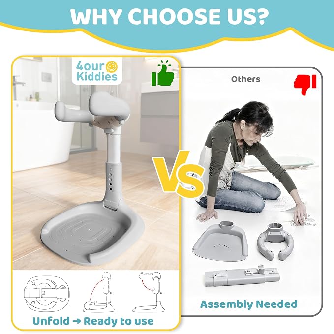 4our Kiddies Foldable Baby Shower Standing Support for Toddlers & Infants 8-36 Months, No Setup Anti-Slip Bath Stand Holder, Adjustable Height, Portable Travel & Storage, Easy Clean, Grey