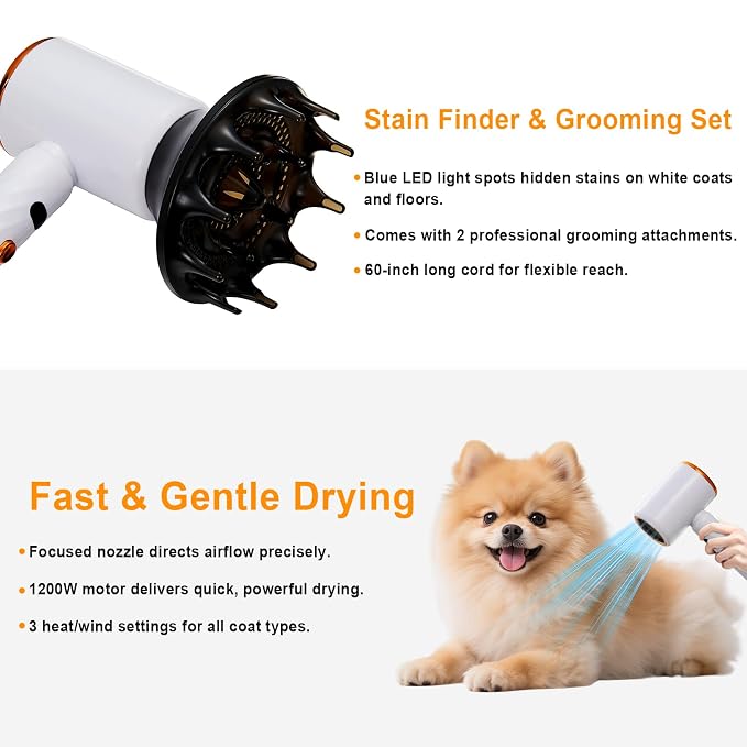 Portable Dog Hair Dryer Brush – 2-in-1 Warm Air Blower & Slicker Brush for Cats & Small Dogs – Adjustable Heat, Overheat Protection – Lightweight Grooming Tool for Home & Travel