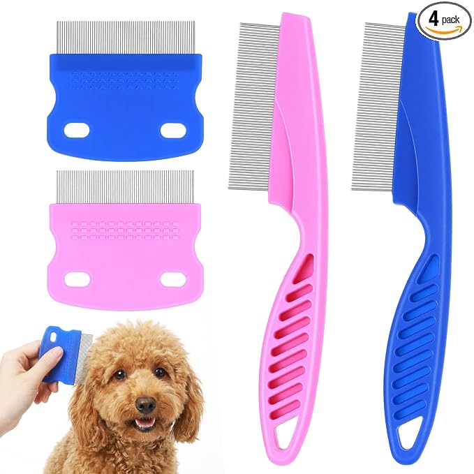 4 Pcs Flea Comb For Dogs Pets Grooming Kit Professional Stainless Steel Tear Stain Remover & Flea Lice Comb For Small Dogs Cats Pets Puppy Tick Grooming And Removing Knots Crust Mucus