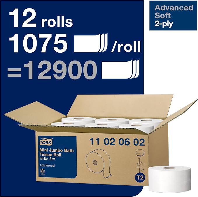 Tork Matic Hand Towel Roll, White With Gray Leaf, H1, 100" Recycled Fiber, 2-Ply, 6 Rolls x 525 ft - 290092A & Mini Jumbo Bath Tissue Roll - Toilet Paper Towels, 12 rolls x 1075, 2-Ply Sheets, White