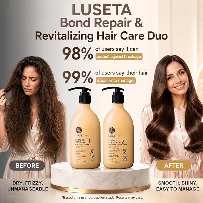 LUSETA Bond Repair & Revitalizing Shampoo and Conditioner Set for Chemically Damaged Hair. Deep Moisture to Smooth Frizz & Add Shine. Strengthens Hair Structure with Rosemary & Marula Oils, 2x16.9 oz