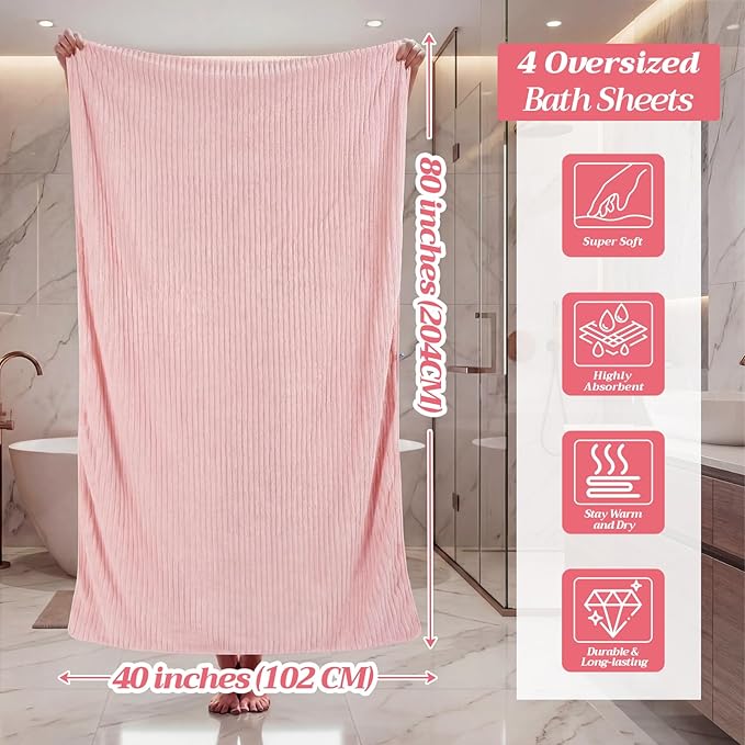 4 Pcs Extra Large Bath Towel Set 40x80'' Oversized Bath Sheet for Adult Microfiber Quick Dry Fluffy Absorbent Blanket with Hanging Loop for Pool Gym Body Shower(Pink)