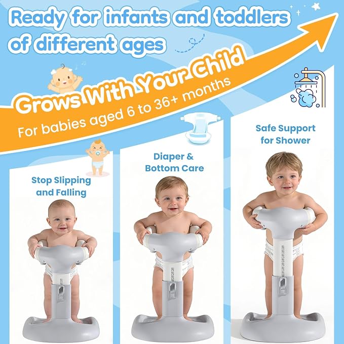 Upgraded Baby Shower Stand with Anti-Pinch Silicone & Anti-Slip Base, Adjustable Height Baby Bath Standing Support, Soporte para Bañera de Bebé Assist Holder for 6-36 Months Toddler, Ideal Gift, Gray