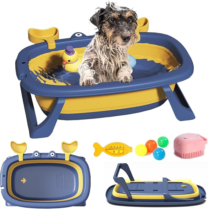 Dog Bath Tub with Dog Toys,Pet Bathtub, Portable Puppy Bathtub for Easy Baths and Easy Storage, Dog Bath Tubs for Small Medium Pets-Foldable Pet Shower Tub with Drainage Hole, 26.5 x 17.2 x 7.8In,Blue