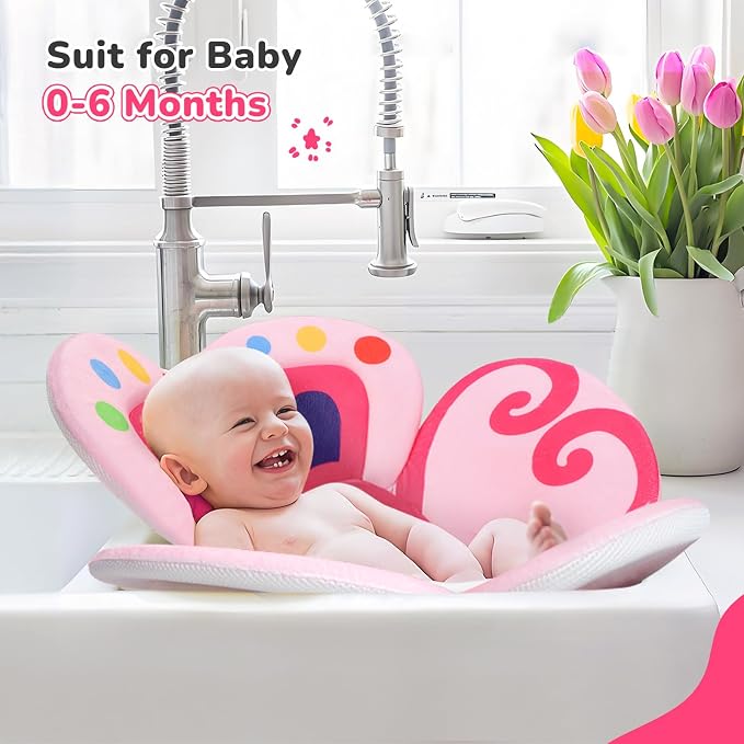 YooxArmor Baby Bath Pad for Infant Bathtub Sink, Non-Slip Flower Bathtub for Infants 0-6 Months, Soft Baby Sink Bath Cushion for Babies Bath Time, Newborns Bath Essentials Must Haves-Butterfly