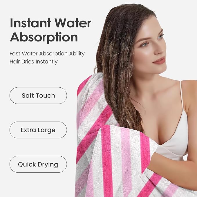 JML Microfiber Bath Towels,2 Pack(30" x 60"), Oversized, Soft, Super Absorbent, Fast Drying, Large Beach Towel Set for Sauna, Salon, Sports, Fitness, Yoga, Cabana Stripe Pink