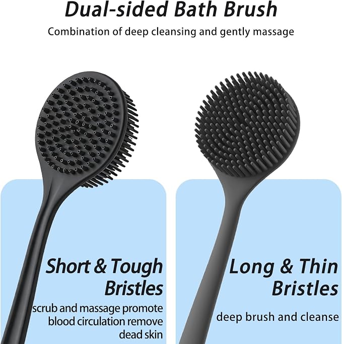 Silicone Back Scrubber for Shower, 17in Lengthen Long Handle Body Brush, Double Sided Shower Brush for Shower Exfoliating and Massage,Includes 2 Hooks (Black)
