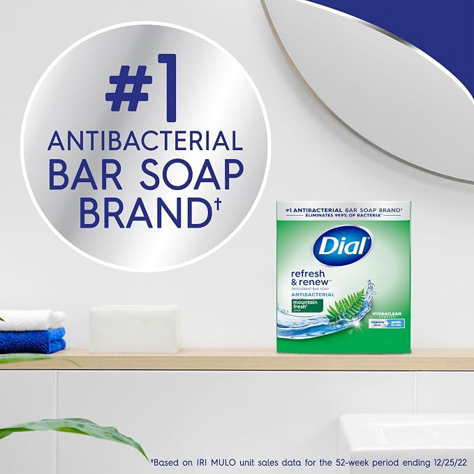 Dial Antibacterial Bar Soap, Refresh & Renew, Mountain Fresh, 4 oz, 32 Bars (Pack of 3)