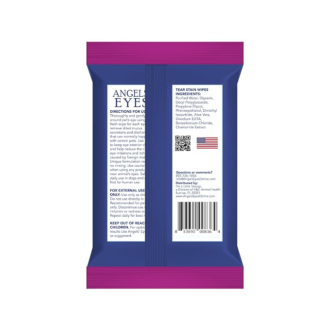 ANGELS’ EYES Face, Eye & Paw Cleansing & Tear Stain Wipe, Large 4”x7” Hypoallergenic Dog & Cat Wipes, Reduce Tear Stains, Dirt, and Discharge, Fragrance Free, 40 Count
