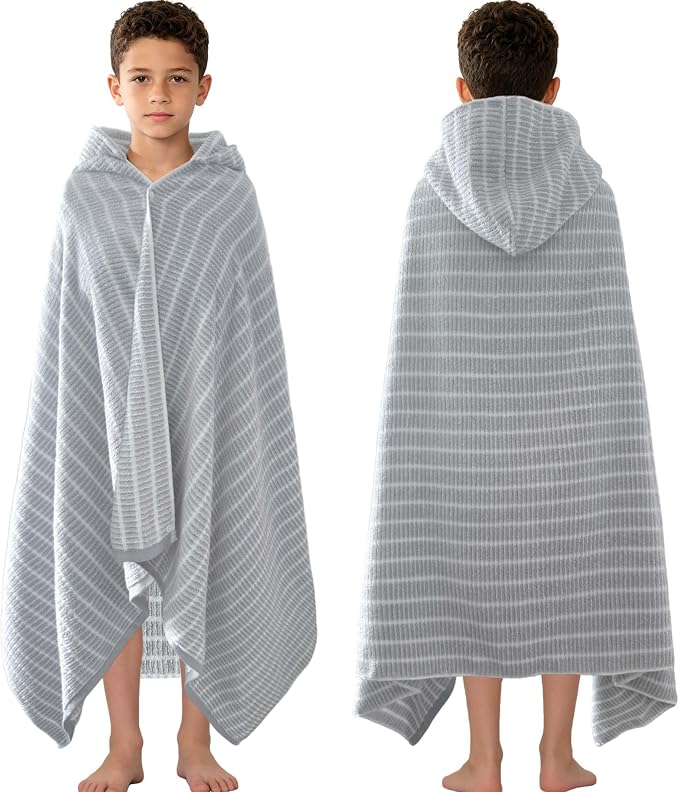 VOOVA & MOVAS Hooded Bath Towels for Teens/Big Kids (8Years Up) | Soft Absorbent 100% Cotton Thick Towel Wrap | Versatile Beach, Pool, Swim & Bath Cover-Up | GrayWhite