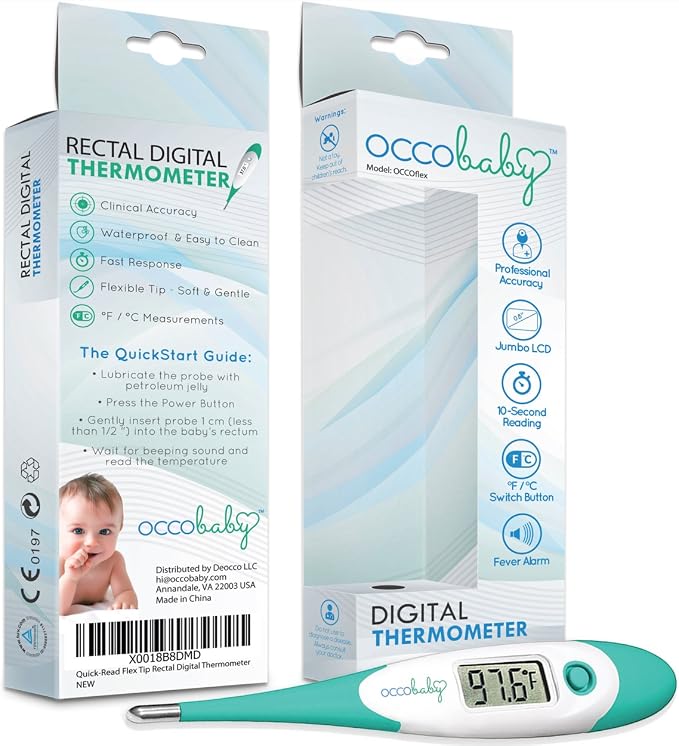 OCCObaby Clinical Digital Baby Thermometer - LCD, Flexible Tip, 10 Second Quick Accurate Fever Read Rectal Oral & Underarm Use - Waterproof Thermometer for Infants & Toddlers