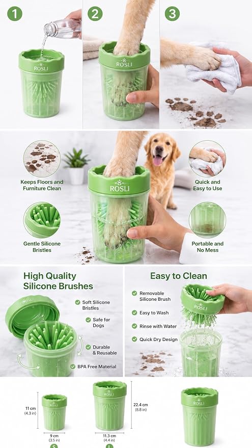 ROSLI Dog Paw Clianer Cup - Portable Pet Paw Washer for Dogs - Deep Cleaning Mud & Dirt - Silicone Brush - Easy to Use & Wash (Blue, Large) (Green, Large)