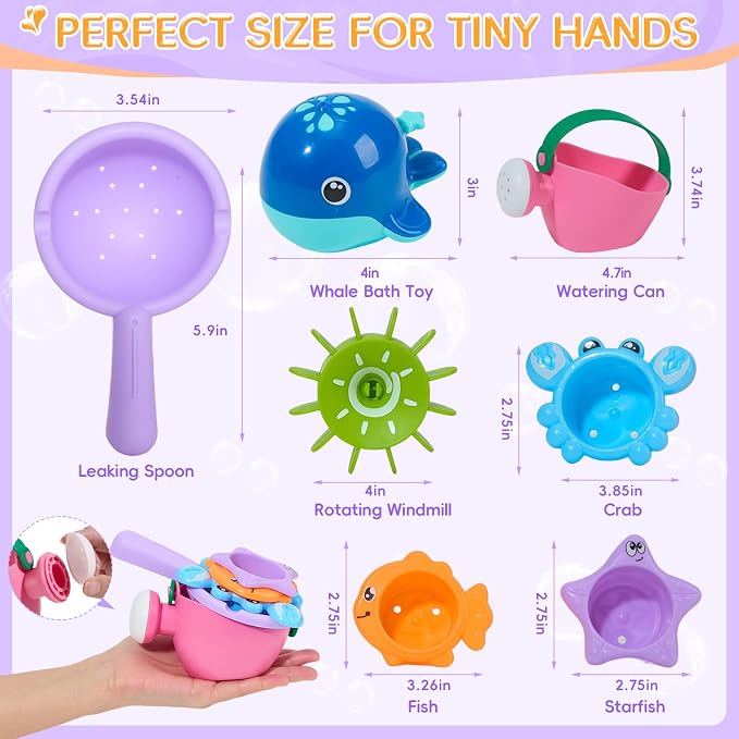 Mold Free Bath Toys | Easy Clean & Fun Baby Bath Toys for Kids Ages 1-3 | Watering Can Bath Cups Water Wheel Whale Bath Toy for Babies 12+ Months | Bathtub Pool Water Toys for 1+ Year Old Girl Gifts