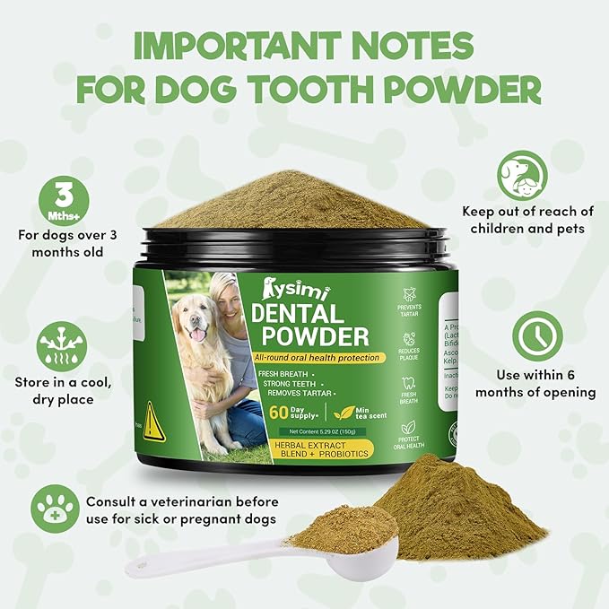 Dog Dental Powder, Dog Teeth Cleaning Powder, Dog Tartar and Remover with Probiotics and Natural Herbal Blend of All Breeds and Ages Mint -150 Grams
