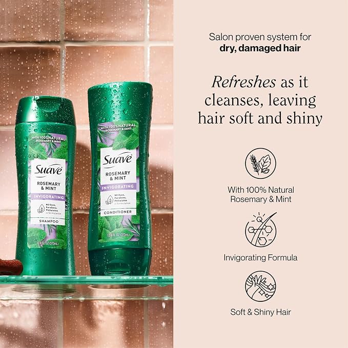Suave Rosemary & Mint Shampoo and Conditioner, Invigorating – Frizz Control, Soft, Shiny Hair Products for Women & Men, 12.6 Oz Ea