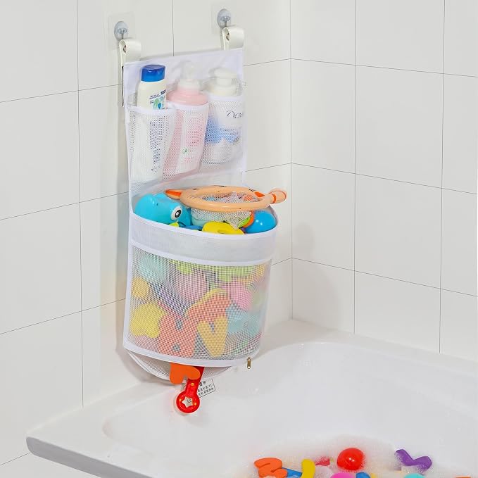 Ligereza Baby Bath Toy Organizer, quick drying， and mould proof, Multiple-Suspension Bath Toy Holder, Large Capacity Multi Use Bathtub Toy Storage Bag（1 Large, White）