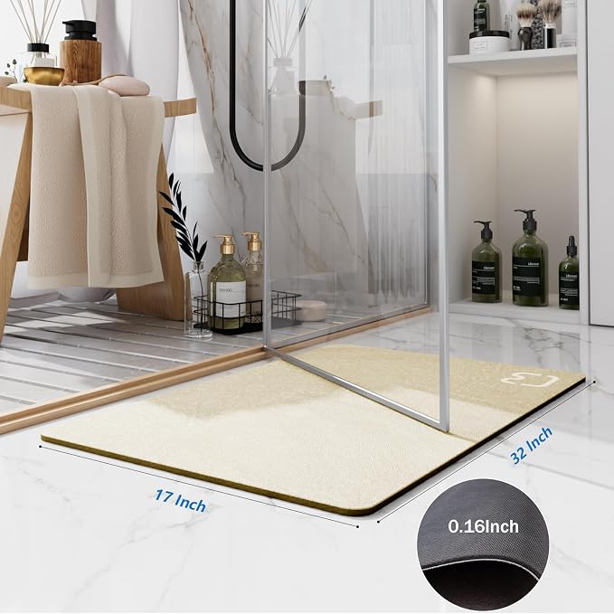 RUERYA Beige Bathroom Mat Rugs 17" x 32" Super Absorbent Quick Drying Diatomaceous Earth Bath Mats for Bathroom Non Slip Rubber Backed Thin Bathroom Rugs Floor Mat, Machine Washable
