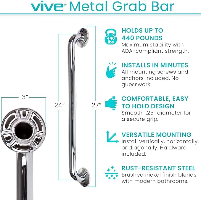 Vive Grab Bar for Showers - Bathroom Antislip Handrail for Seniors, Elderly Assistance Product, Heavy Duty Shower Handles, Handicap Grab Bars, Stainless Steel, Multipurpose, 440 lbs (Polished)