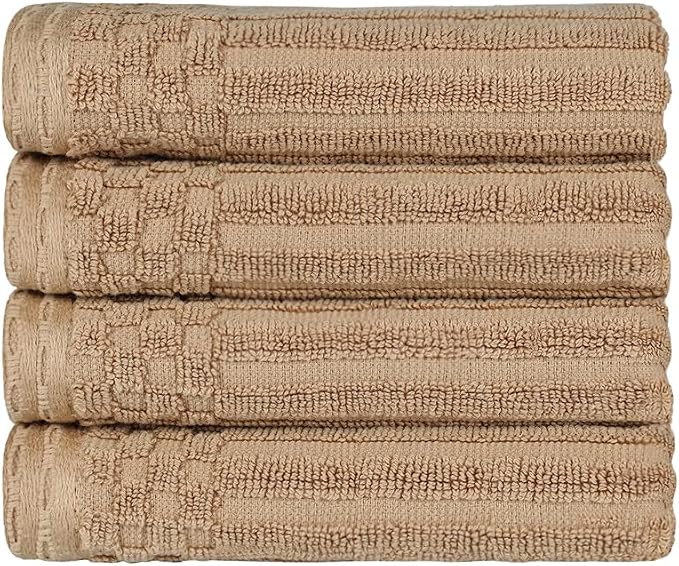 Superior Cotton 4-Piece Solid and Ribbed Hand Towel Set, Hand Towels- 16" x 28", Coffee