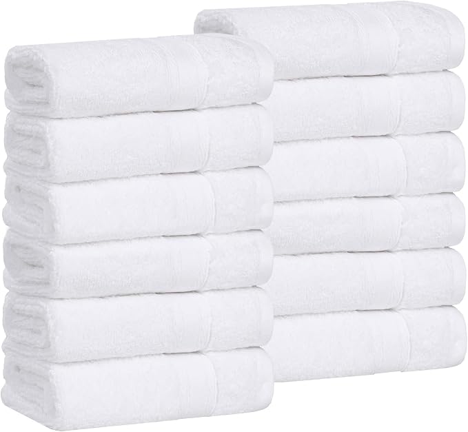 Superior Belmont Zero Twist Cotton Medium Weight Small Towels, for Kitchen, Bathroom, Shower, Spa, Plush, Quick Dry, Ultra-Soft Essentials, Thick Border, Face Towels Washcloths, Set of 12, White