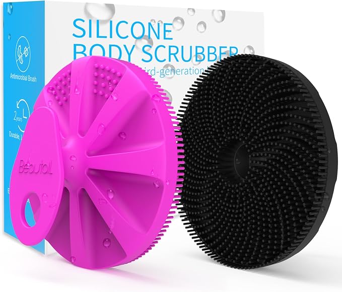 Silicone Body Scrubber 2 Pack, BEAUTAIL Gentle Bristles Shower Bath Brush, Lather Nicely, Soft Massage Body, More Hygienic Than Loofah, Gentle Exfoliating for Sensitive Skin, Purple+Black
