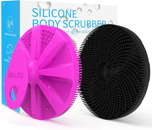 Silicone Body Scrubber 2 Pack, BEAUTAIL Gentle Bristles Shower Bath Brush, Lather Nicely, Soft Massage Body, More Hygienic Than Loofah, Gentle Exfoliating for Sensitive Skin, Purple+Black