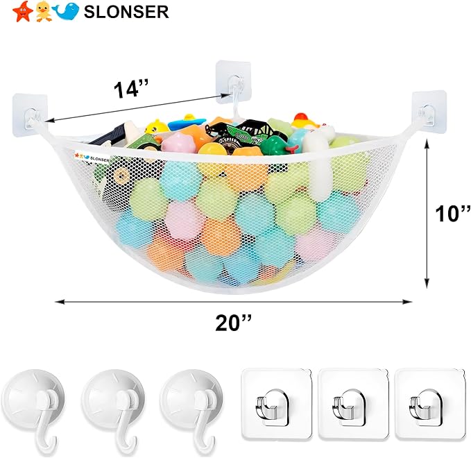 Bath Toy Storage Organizer for Bathtub – Large Mesh Bath Toy Holder & Bath Toy Net, Corner Bathtub Toy Storage with 3 Strong Suction Cups, 3 Adhesive Hooks, Quick-Dry Toy Holder for Tub & Shower